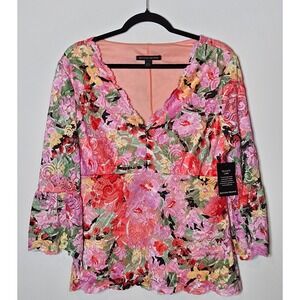 Boston Proper NEW Printed V Neck‎ Scalloped Lace Top Floral Womens Large Vibrant